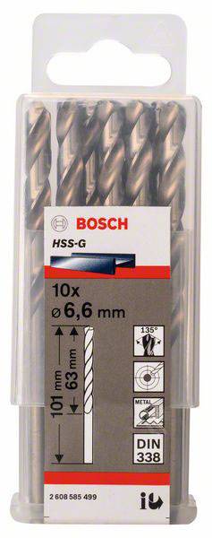 Sada desiatich vrtákov Bosch HSS-G do kovu s priemerom 6,6 mm a dĺžkou 101 mm. Balenie zobrazuje vrták a technické údaje.