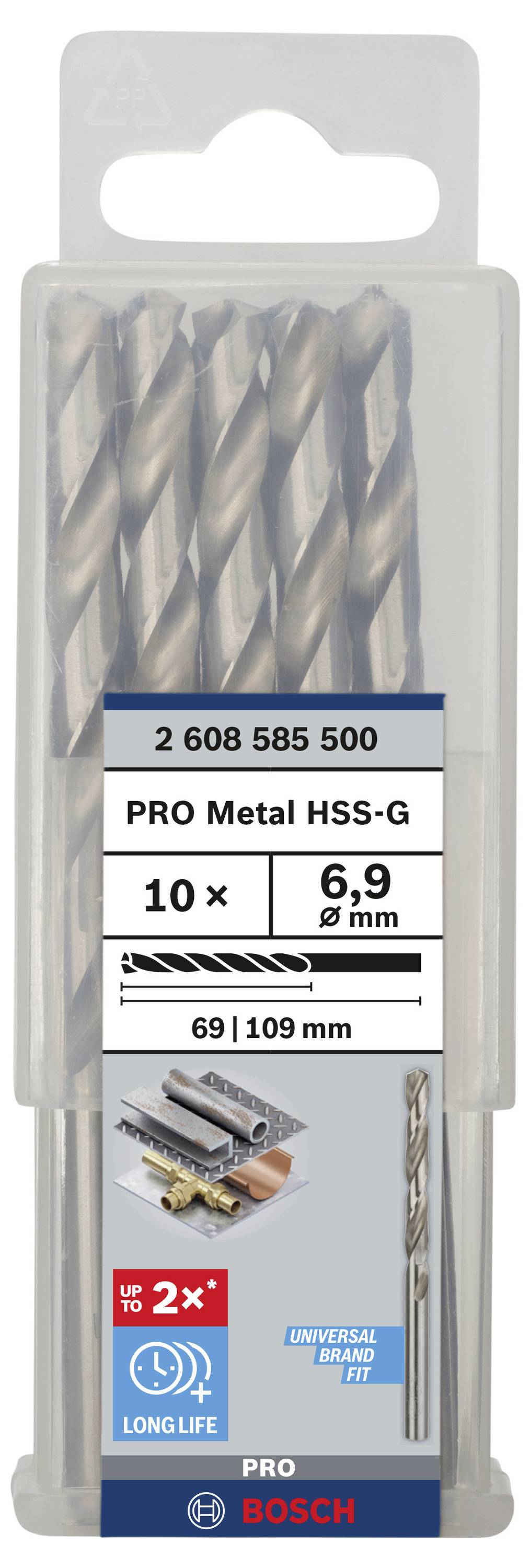 Sada vrtákov PRO Metal HSS-G, 10 kusov, priemer 6,9 mm, dĺžka 69/109 mm, vhodné na vŕtanie do kovu.