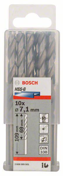 Plastový obal s 10 HSS-G špirálových vrtákov od Bosch, priemer 7,1 mm, dĺžka 109 mm, podľa normy DIN 338.