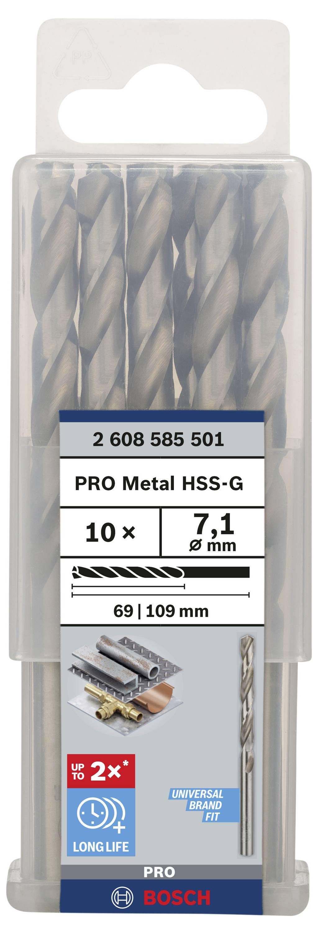 'Bosch PRO Metal HSS-G súprava vrtákov, 10 kusov, 7,1 mm.' Zobrazuje balenie s kovovými vrtákmi rôznej dĺžky. Vhodné na práce s kovom.