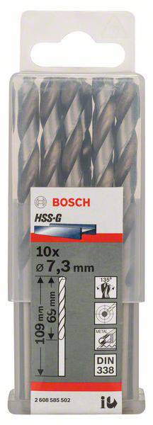 Balenie s 10 Bosch HSS-G vrtákmi, priemer 7,3 mm, dĺžka 109 mm, podľa normy DIN 338. Vhodné pre obrábanie kovu.