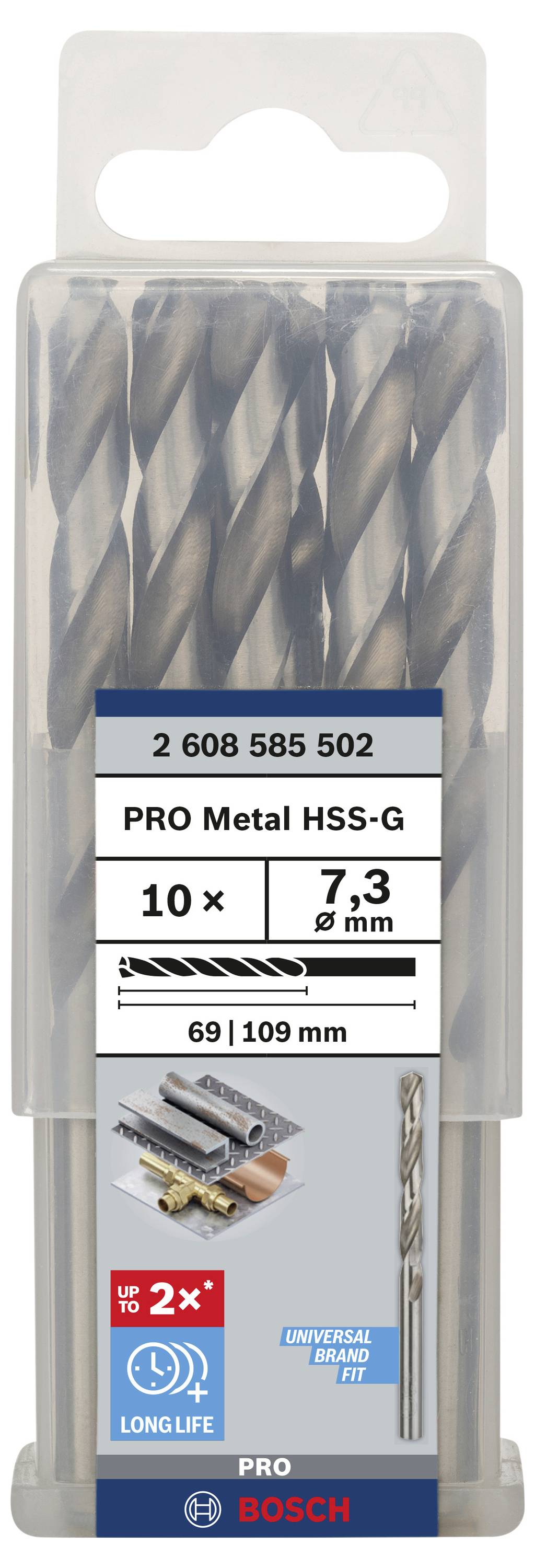 Sada vrtákov 'PRO Metal HSS-G' od Bosch s 10 kusmi, priemer 7,3 mm. Vhodné pre kov. Balenie v transparentnom plastovom puzdre.