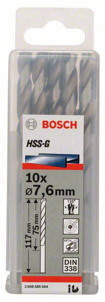 Balenie obsahuje 10 kovových vrtákov Bosch HSS-G, priemer 7,6 mm, dĺžka 117 mm. Priehľadný obal umožňuje vidieť samotné vrtáky.