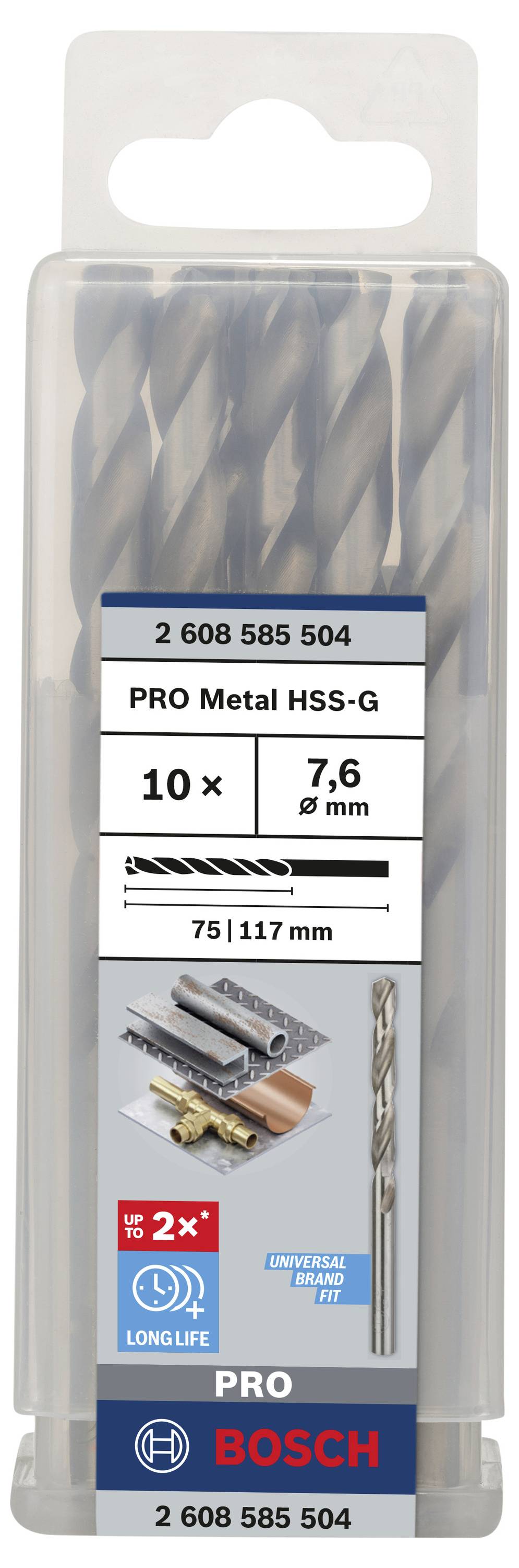 Balenie s 10 PRO Metal HSS-G vrtákmi, veľkosť 7,6 mm. Vhodné na obrábanie kovov. Značka: Bosch. Obsahuje obrázky vhodných materiálov.