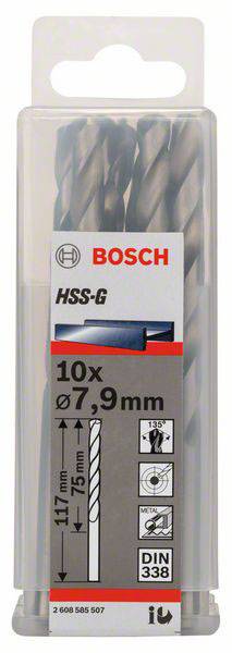 Balenie s 10 vrtákmi Bosch HSS-G do kovu, priemer 7,9 mm, dĺžka 117 mm, na presné vŕtanie do kovu.