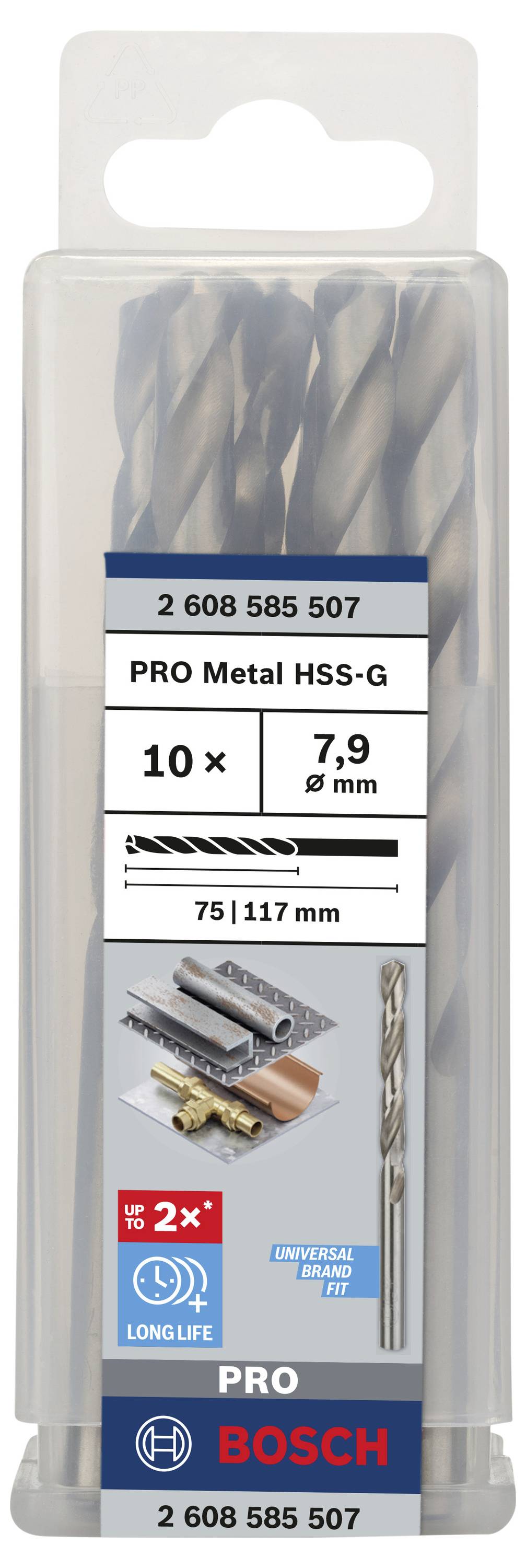 Sada vrtákov Bosch s 10 HSS-G kovovými vrtákmi, priemer 7,9 mm, dĺžka 75/117 mm, balenie s obrázkami produktu.