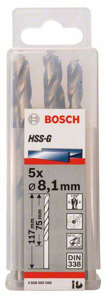 Sada vrtákov Bosch, 5 kusov, HSS-G, priemer 8,1 mm, dĺžka 117 mm, štandard DIN 338, vhodná na vŕtanie kovu a ocele.