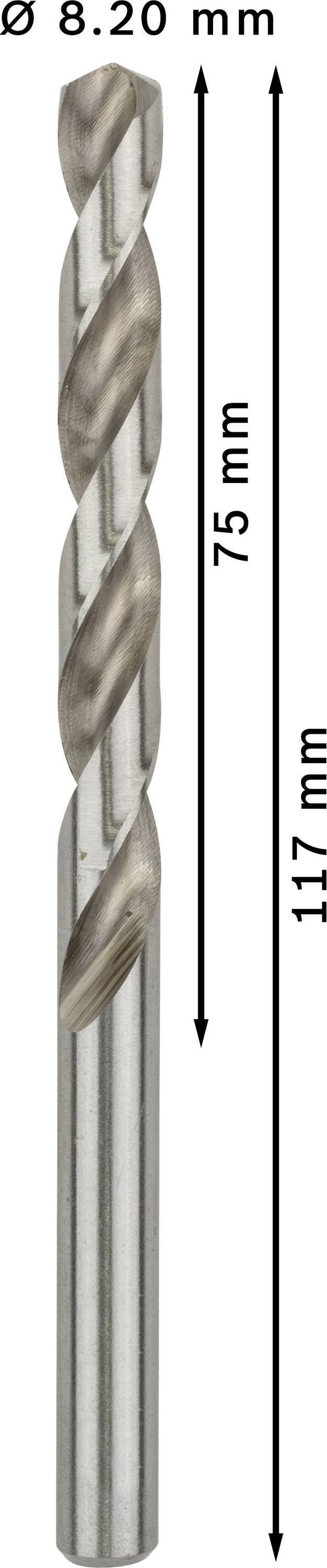Vrták s priemerom 8,20 mm, celková dĺžka 117 mm, dĺžka reznej časti 75 mm. Ideálny na presné vŕtanie.