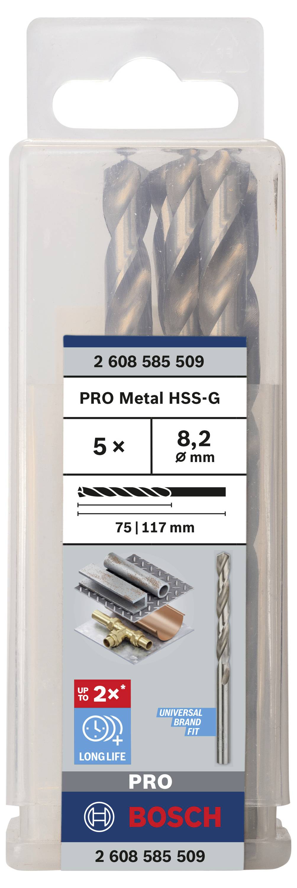 Balenie s 5 Bosch PRO Metal HSS-G kovovými vrtákmi, veľkosť 8,2 mm. Obsahuje obrázok nástrojov a technické detaily.