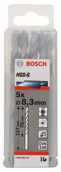 Balenie obsahuje päť vrtákov Bosch HSS-G so špirálovou stopkou, priemer 8,3 mm, dĺžka 117 mm, pracovná časť 75 mm. Vhodné na vŕtanie do kovu.