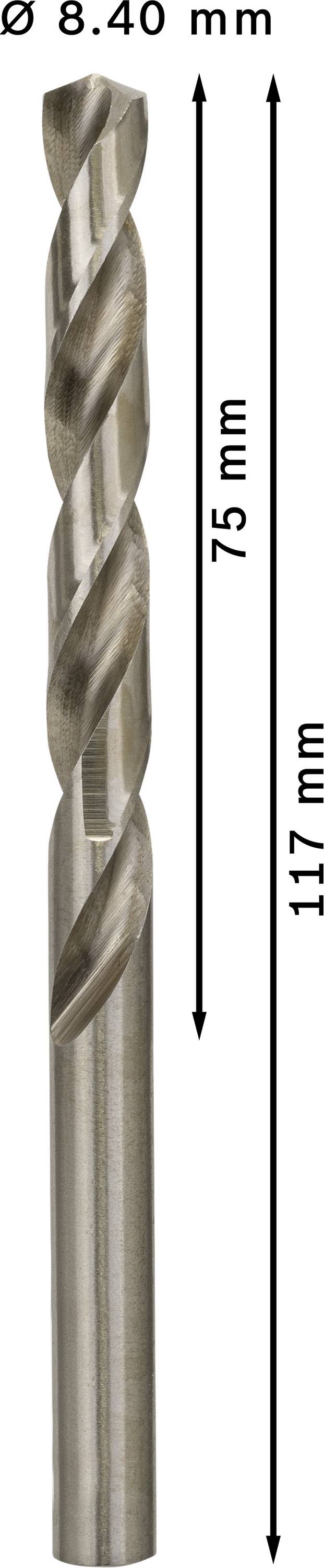 Kovový vrták s priemerom 8,40 mm. Celková dĺžka 117 mm, dĺžka reznej časti 75 mm.