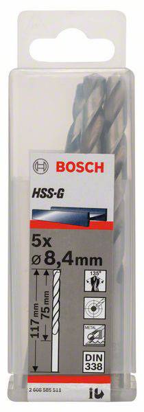 Sada vrtákov Bosch v balení, obsahuje päť HSS-G vrtákov s priemerom 8,4 mm a dĺžkou 117 mm.
