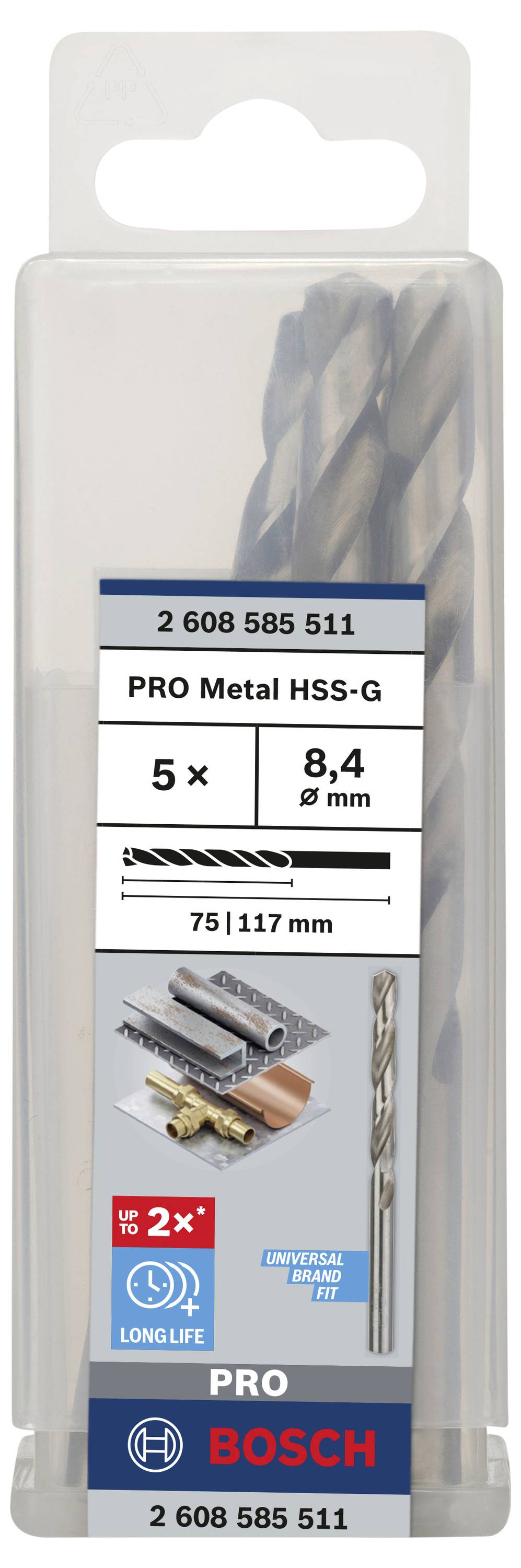 Sada vrtákov od Bosch: Obsahuje 5 kovových vrtákov, typ HSS-G, priemer 8,4 mm, dĺžka 75/117 mm. Vhodné na obrábanie kovov.