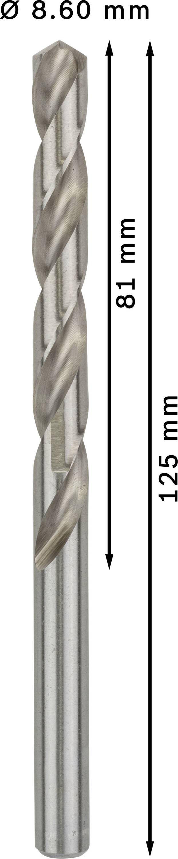 Vrtací nástavec s priemerom 8,60 mm, celková dĺžka 125 mm a použiteľná dĺžka 81 mm, z nehrdzavejúcej ocele.