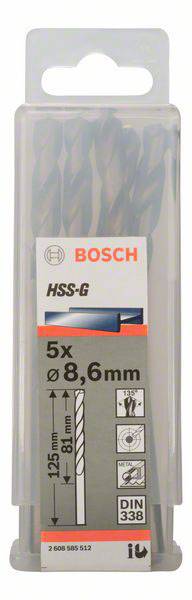 Balenie s 5 vrtákmi Bosch HSS-G, priemer 8,6 mm, dĺžka 125 mm. Vhodné pre vŕtanie do kovu.