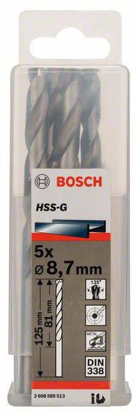 Súprava vrtákov Bosch s 5 kusmi. Priemer: 8,7 mm, dĺžka: 125 mm/81 mm. Vhodné pre vŕtanie do kovu. Balenie obsahuje technické symboly.