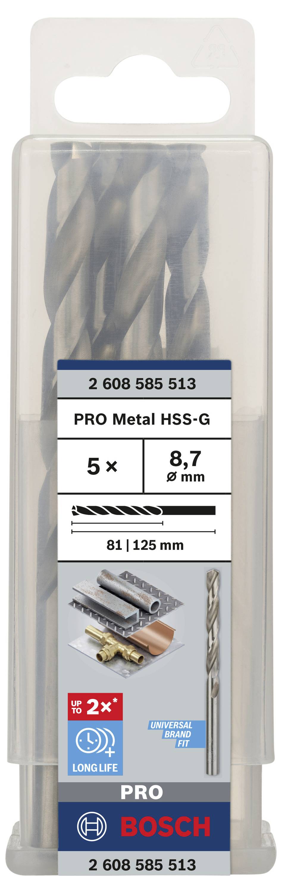 Sada vrtákov Bosch v transparentnom balení. Obsahuje 5 kusov PRO Metal HSS-G s priemerom 8,7 mm, vhodné pre kov.
