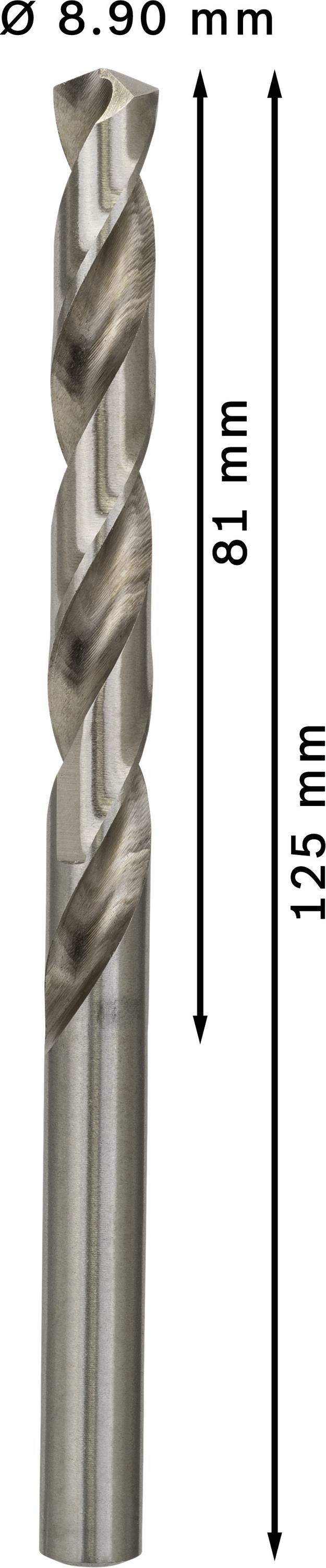 Kovový vrták s priemerom 8,90 mm a celkovou dĺžkou 125 mm. Dĺžka drieku je 81 mm.