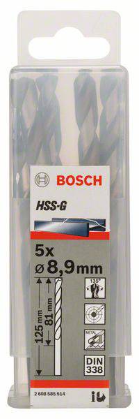 Sada vrtákov Bosch HSS-G, 5 kusov, priemer 8,9 mm, dĺžka 125 mm, dĺžka drážky 81 mm, vhodná pre kovy podľa normy DIN 338.