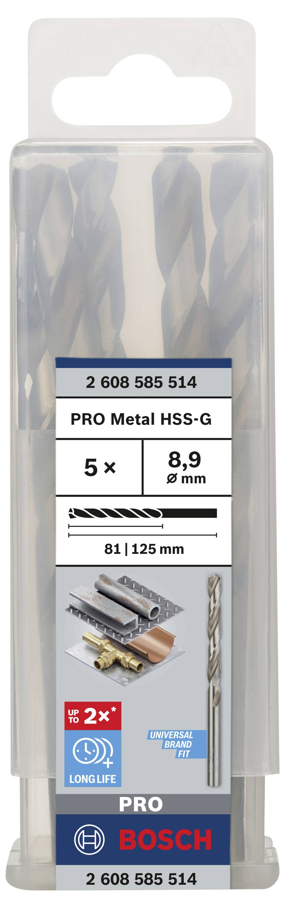 Balenie s 5 kovovými vrtákmi značky Bosch, veľkosť 8,9 mm, typ HSS-G. Vhodné na práce s kovom, dĺžka 125 mm.