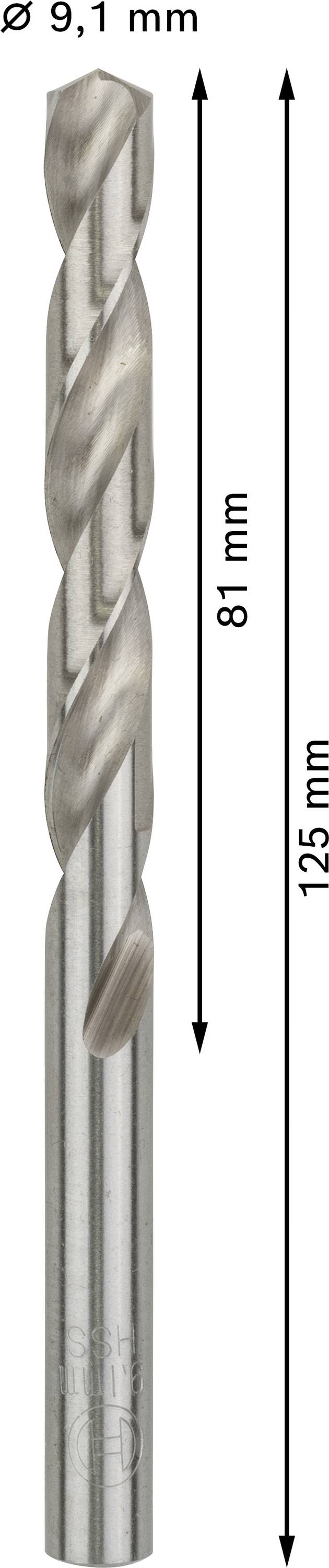 Vrták s priemerom 9,1 mm, celkovou dĺžkou 125 mm a užitočnou dĺžkou 81 mm.