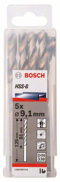'Bosch HSS-G kovový vrták, 5 kusov, priemer 9,1 mm, dĺžka 125 mm. Balenie zobrazuje technické detaily a normu DIN 338.'