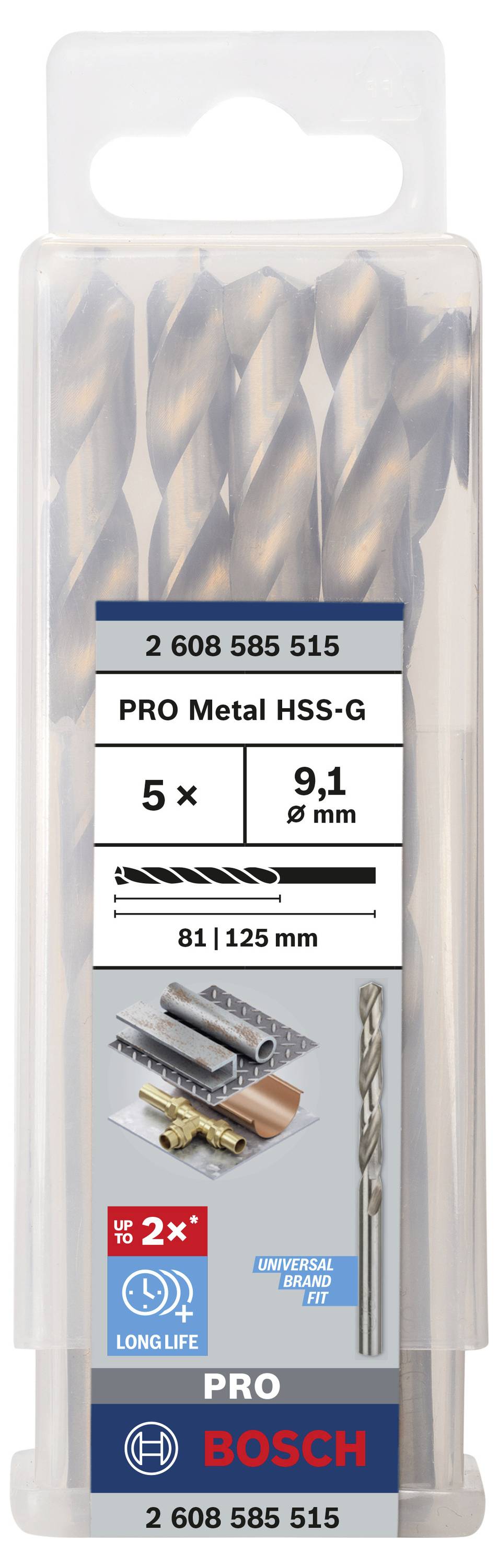 Balenie s 5 kovovými vrtákmi 9,1 mm, HSS-G. Obsahuje obrázok rôznych kovov. Značka Bosch, číslo modelu 2 608 585 515.