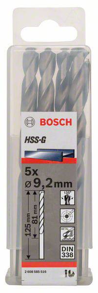 Balenie s piatimi vrtákmi Bosch HSS-G, priemer 9,2 mm a dĺžka 125 mm. Vhodné na presné vŕtanie do kovu.
