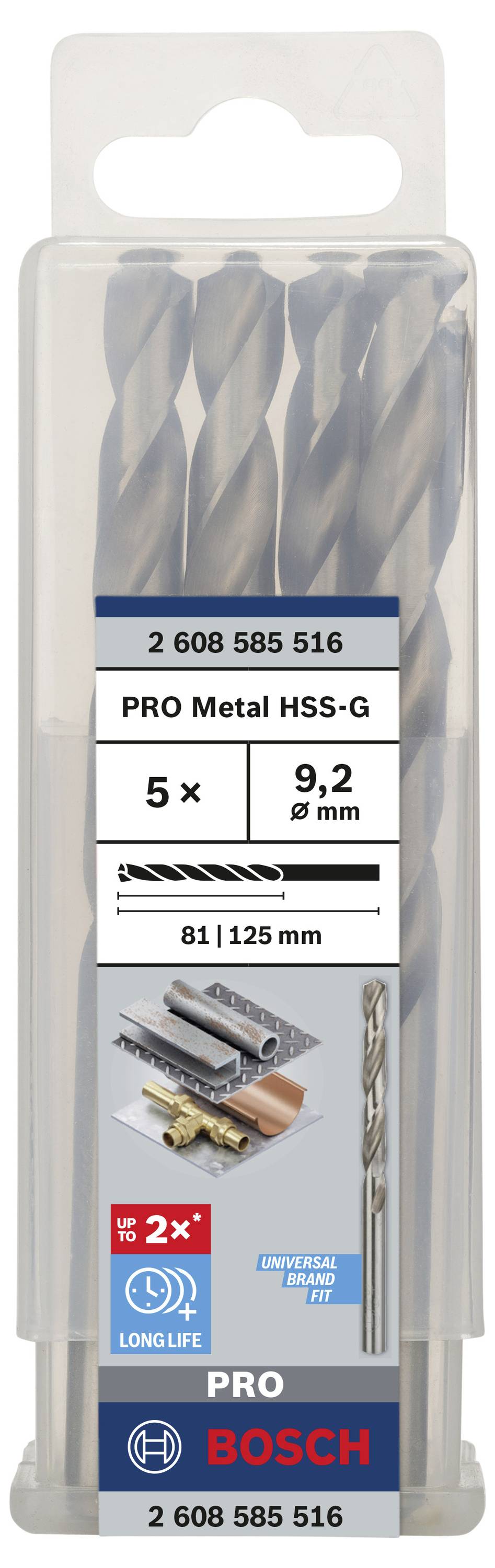 Puzdro s 5 HSS-G kovovými vrtákmi, 9,2 mm každý vrták, vhodné na práce s kovom. Značka Bosch, vynikajúca trvanlivosť.