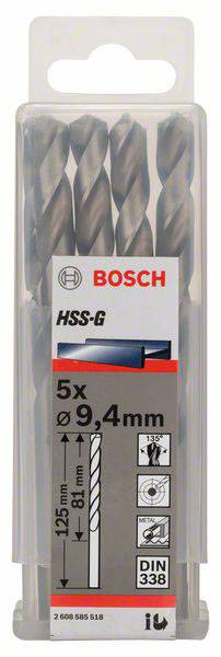Balenie s piatimi HSS-G špirálový vrtákmi Bosch, priemer 9,4 mm, dĺžka 125 mm. Vhodné na vŕtanie do ocele podľa normy DIN 338.