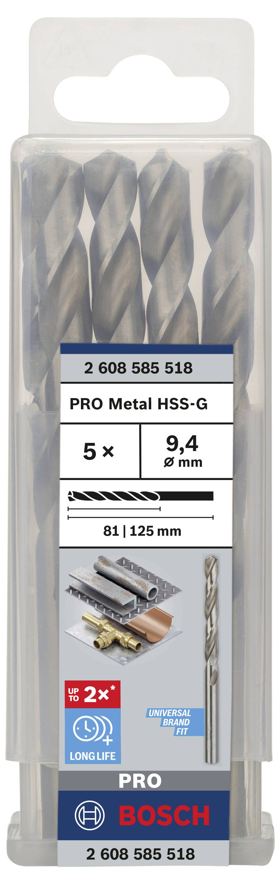 Balenie s piatimi vrtákmi Bosch Pro Metal HSS-G, priemer 9,4 mm, dĺžka 81/125 mm, vhodné na vŕtanie do kovu.