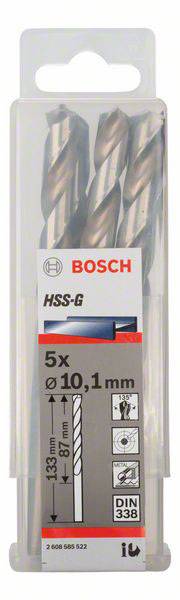 Balenie s piatimi vrtákmi Bosch HSS-G, priemer 10,1 mm, celková dĺžka 133 mm. Vhodné pre vŕtanie do kovu.