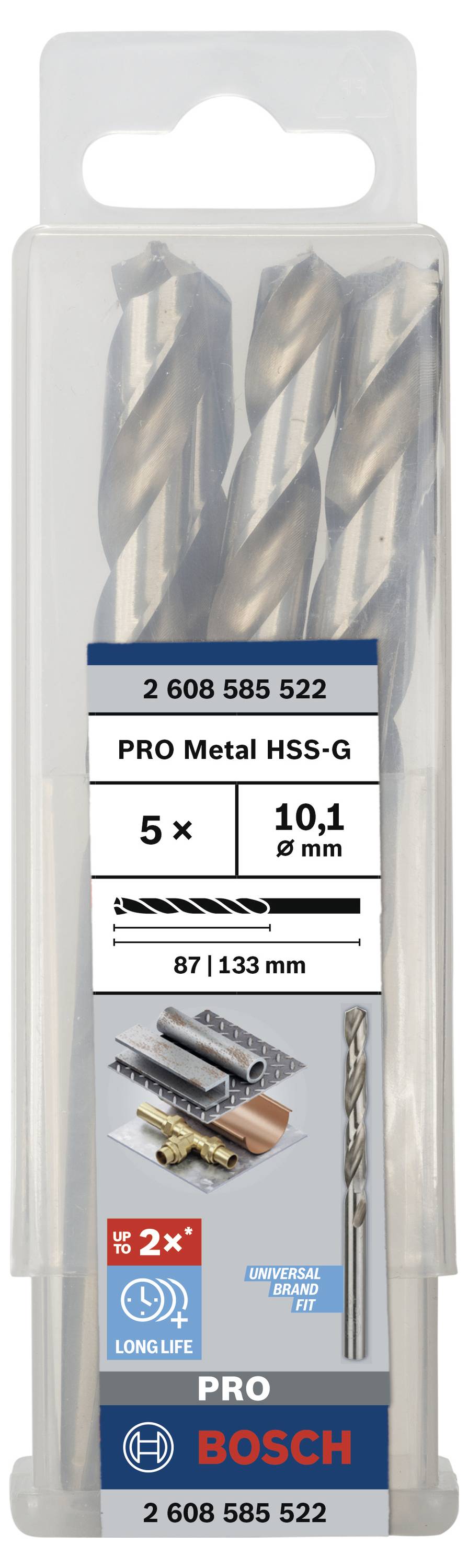 'Bosch HSS-G kovové vrtáky 5-kusová sada, priemer 10,1 mm. Odolné, presné vŕtanie do kovov. Veľkosť: 87/133 mm.'