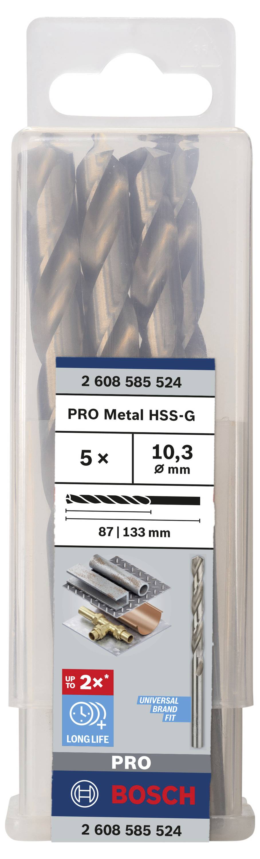 Sada vrtákov od Bosch, pozostávajúca z piatich kovových vrtákov (priemer 10,3 mm). Plastové balenie s potlačou 'PRO Metal HSS-G'.