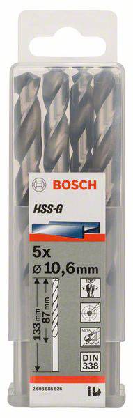 Balenie piatich vrtákov Bosch, HSS-G, priemer 10,6 mm. Vhodné na vŕtanie do kovu, štandard DIN 338.