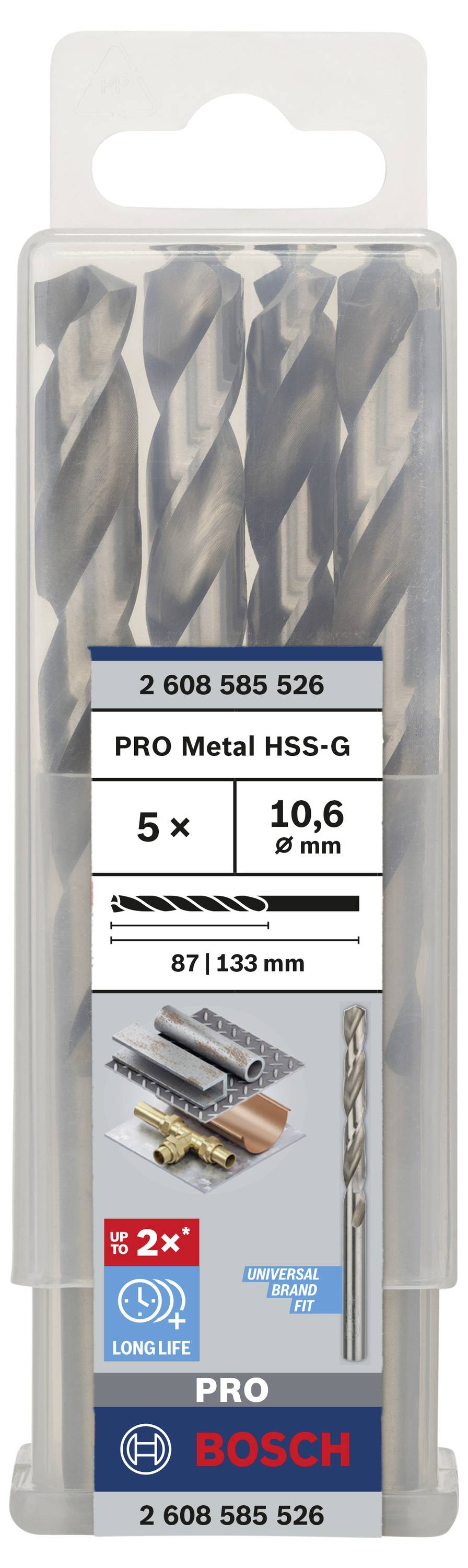 'Bosch PRO Metal HSS-G' súprava vrtákov s piatimi oceľovými vrtákmi v rôznych veľkostiach, vhodná na obrábanie kovov.