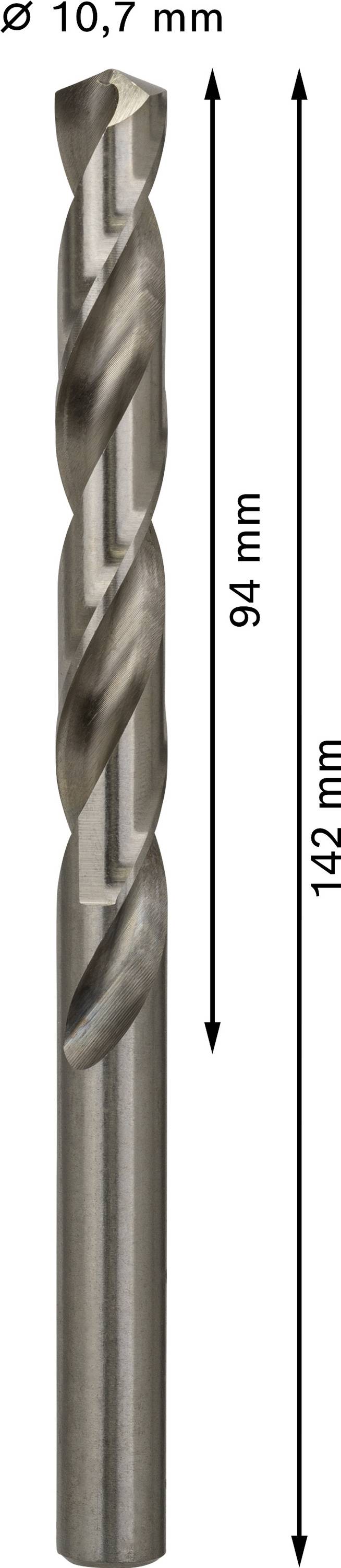 Vrták s priemerom 10,7 mm, celková dĺžka 142 mm, dĺžka reznej časti 94 mm.