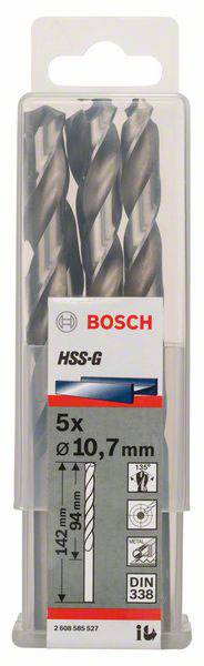 Tri kovové vrtáky Bosch v priehľadnom obale. Označenie udáva: 'HSS-G', 5 kusov, priemer 10,7 mm, dĺžka 142 mm.