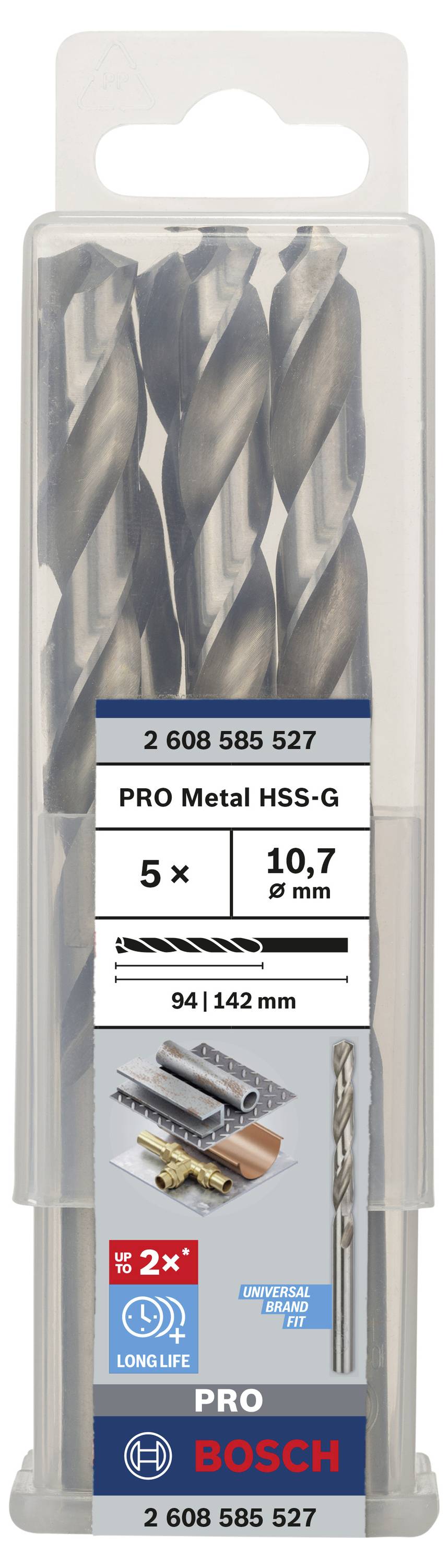 Balenie s piatimi kovovými vrtákmi Bosch PRO Metal HSS-G, veľkosť 10,7 mm. Obsahuje informácie o trvanlivosti a použití.