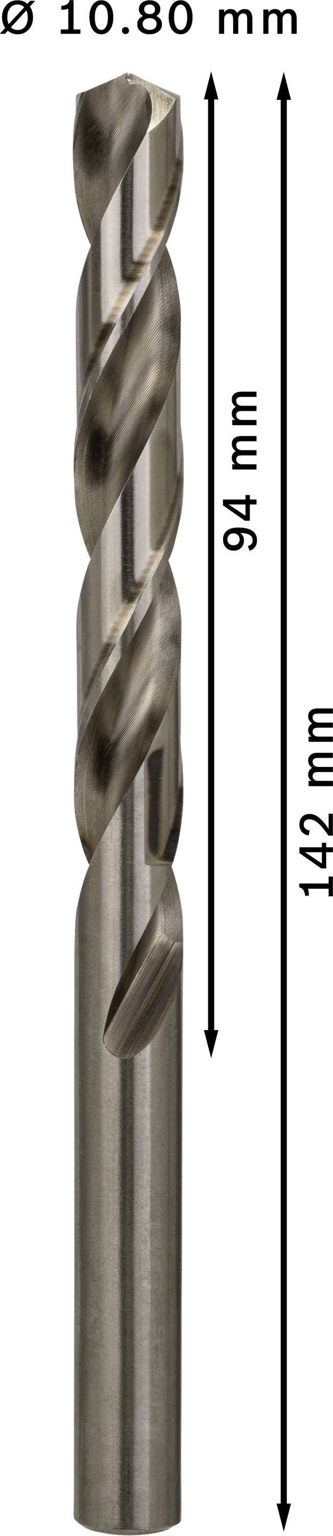 Kovový vrták s priemerom 10,80 mm, dĺžkou 142 mm a špirálovou časťou 94 mm.