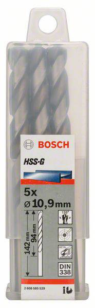 Balenie s piatimi vrtákmi Bosch HSS-G, priemer 10,9 mm, dĺžka 142 mm. Obsahuje technické symboly a logo značky.