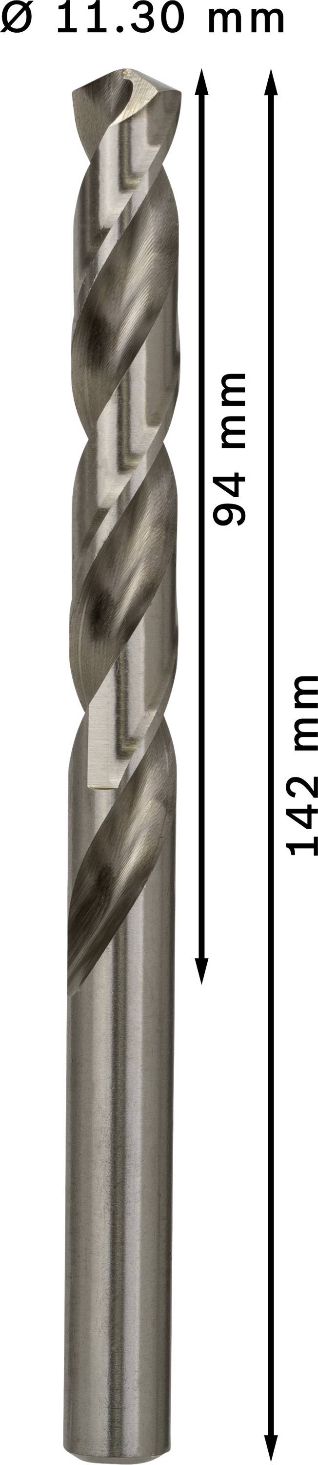 Kovový vrták s priemerom 11,30 mm, celková dĺžka 142 mm, pracovná dĺžka 94 mm.