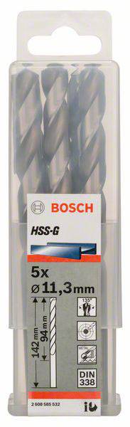 Balenie s piatimi vrtákmi Bosch HSS-G, priemer 11,3 mm, dĺžka 142 mm, vhodné pre kov, podľa normy DIN 338.
