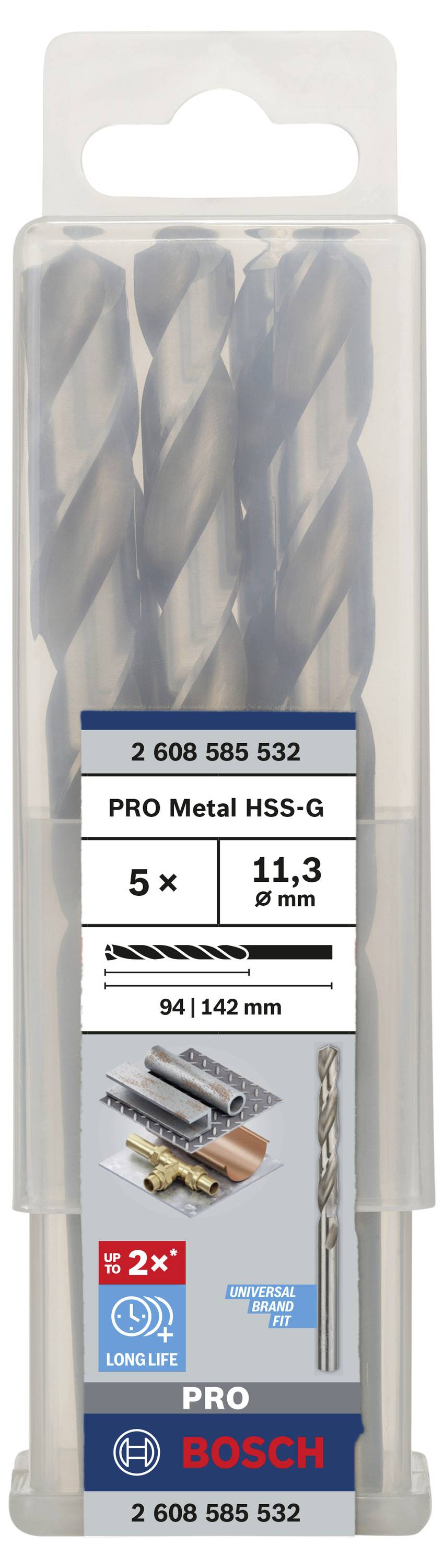 Balenie vrtákov obsahuje päť kovových vrtákov, typ PRO Metal HSS-G, priemer 11,3 mm. Názov značky je BOSCH, katalógové číslo 2 608 585 532.
