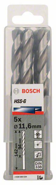 Sada vrtákov Bosch, 5 kusov, HSS-G, priemer 11,6 mm, dĺžka 142 mm/94 mm, DIN 338, v priehľadnom plastovom obale.