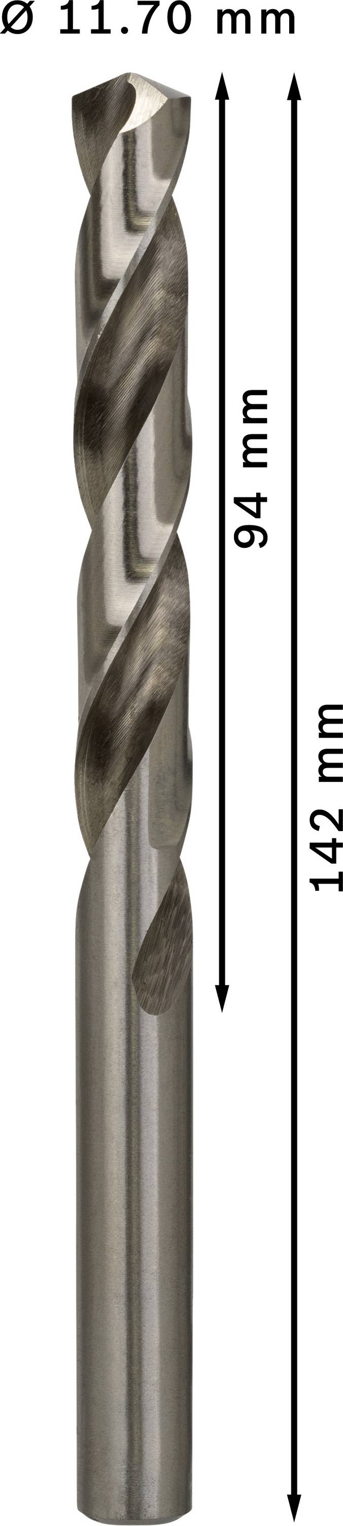 Vrták s priemerom 11,70 mm, 94 mm dĺžka rezu a 142 mm celková dĺžka, strieborno-sivý kovový vzhľad.
