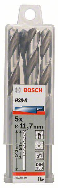 Balenie s piatimi kovovými vrtákmi Bosch s HSS-G, priemer 11,7 mm, dĺžka 142 mm, pracovná hĺbka 94 mm, podľa normy DIN 338.