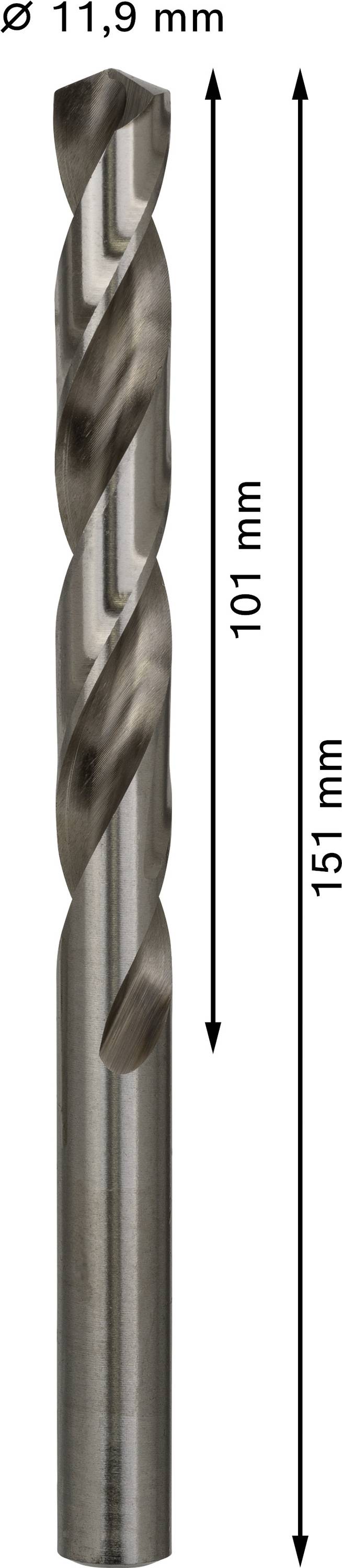 Vrták s priemerom 11,9 mm, dĺžka 151 mm; špirálový vrták so 101 mm špirálovou časťou, rozmery zobrazené vedľa seba.