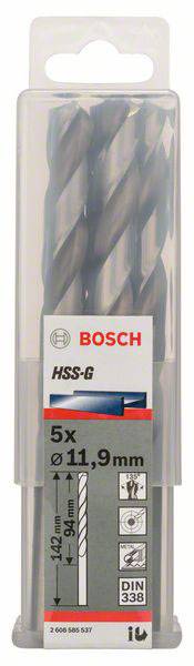 Balenie s piatimi vrtákmi Bosch, HSS-G, priemer 11,9 mm, dĺžka 142 mm, používateľná dĺžka 94 mm, podľa normy DIN 338.