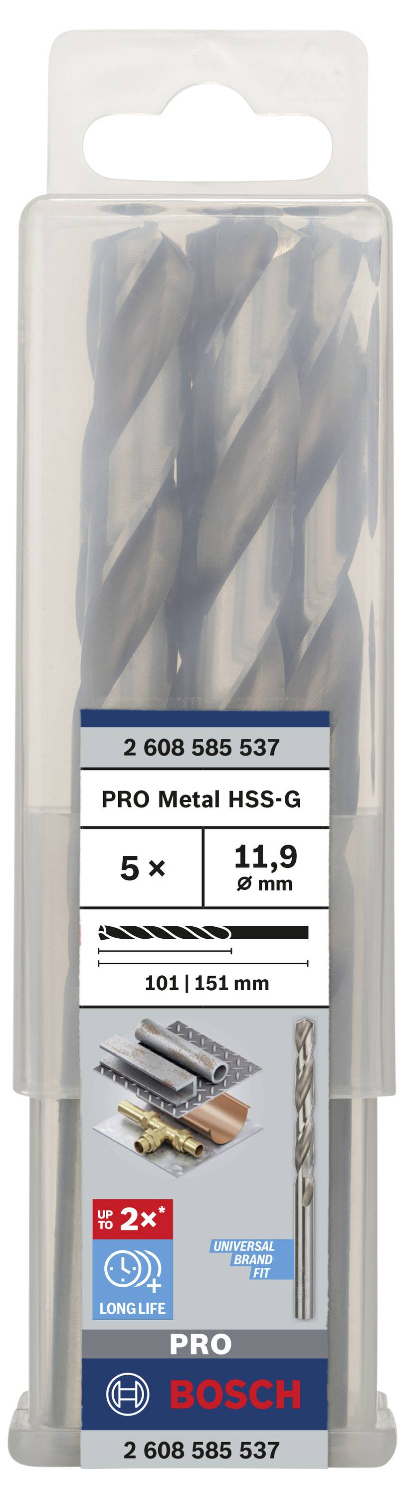 Balenie s piatimi Bosch PRO Metal HSS-G vrtákmi, veľkosť 11,9 mm, dĺžka 151 mm. Vhodné na vŕtanie do kovu, odolná konštrukcia.